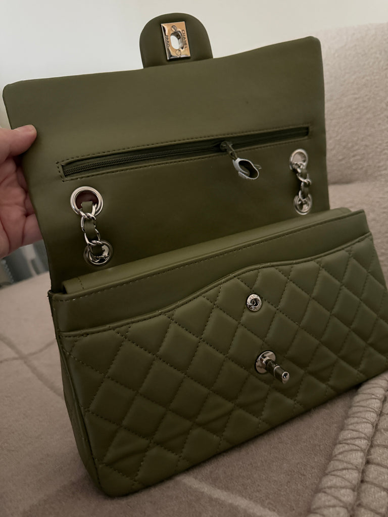 Olive Flap Bag with Silver Hardware