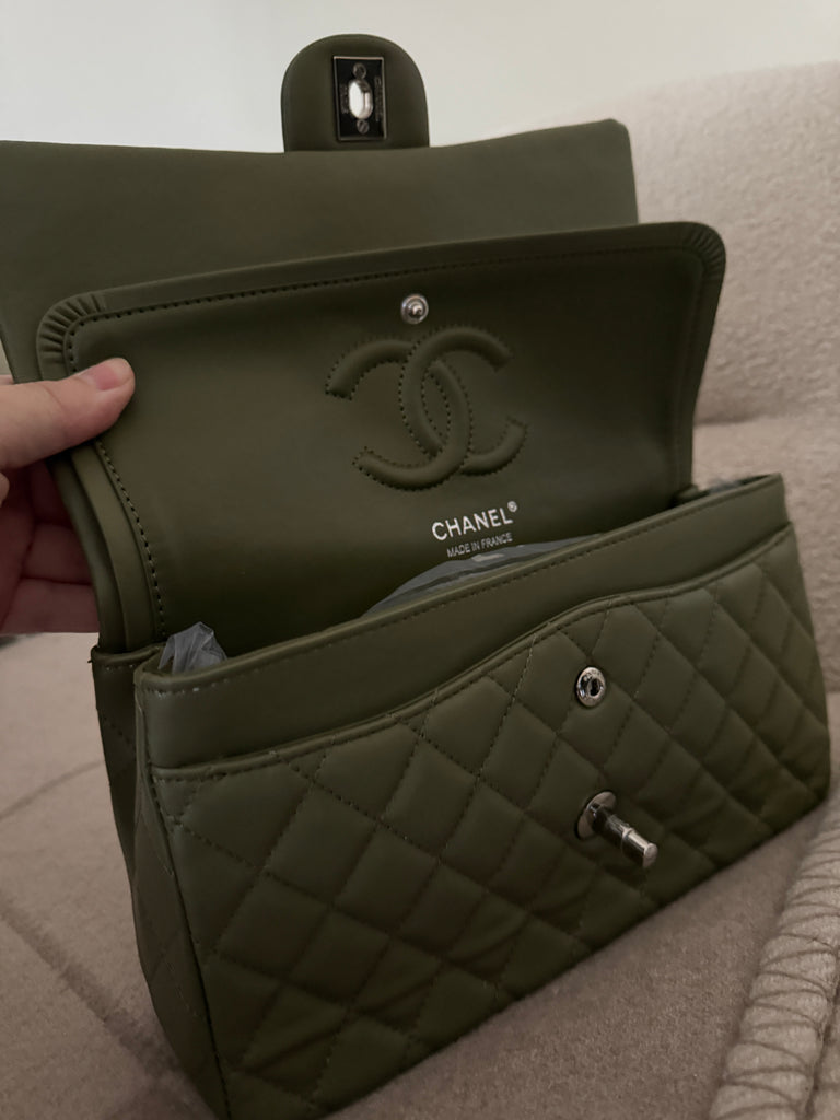 Olive Flap Bag with Silver Hardware