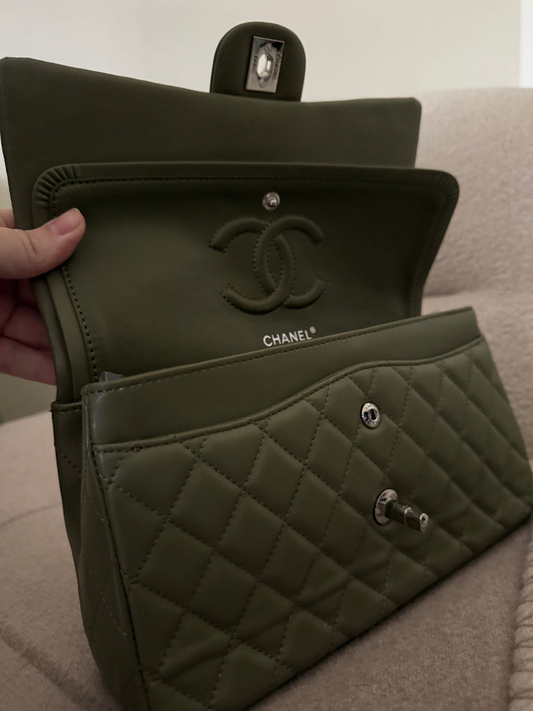Olive Flap Bag with Silver Hardware