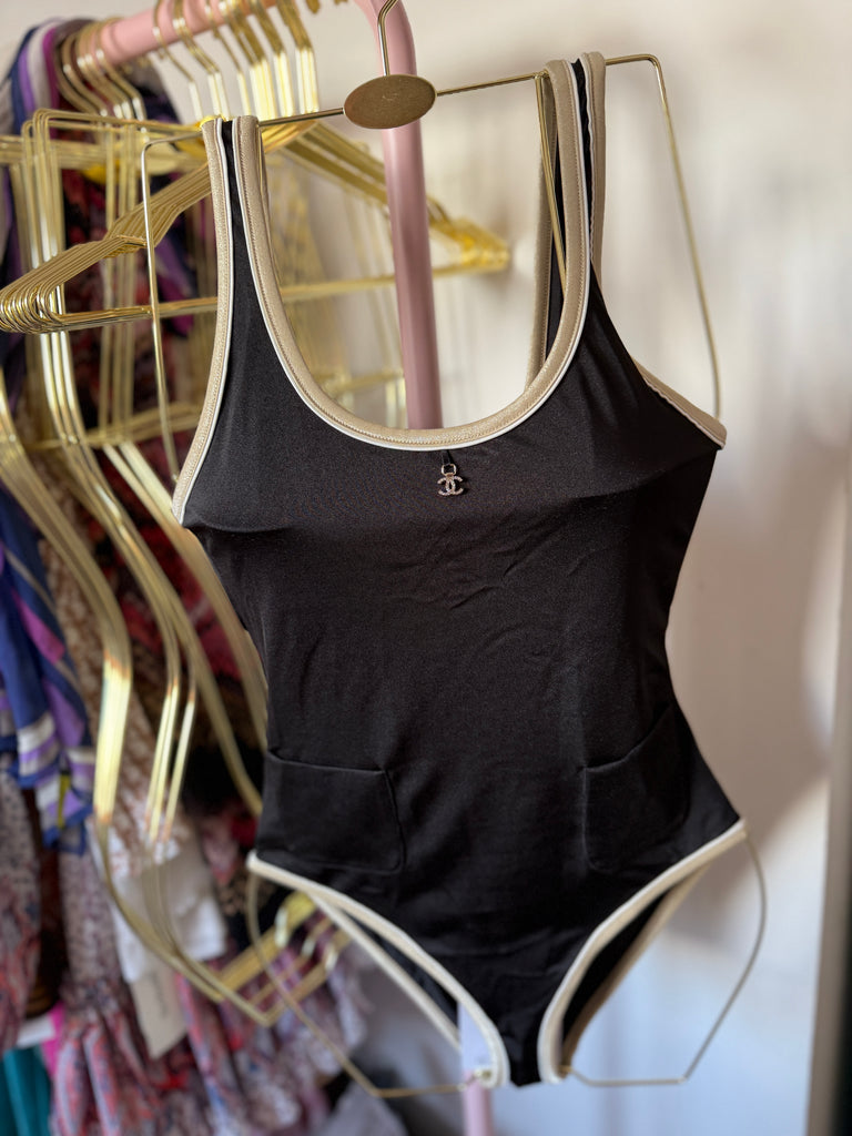 Black Contrast Trim Swimsuit