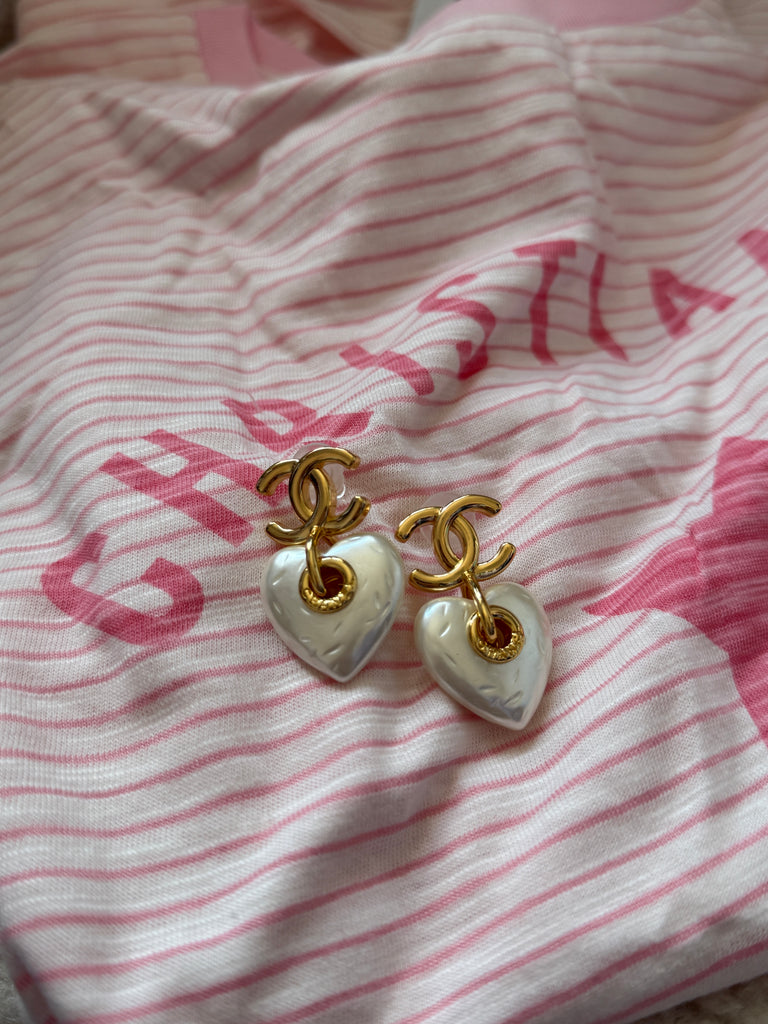 Gold Heart Drop Earrings with Pearl Finish