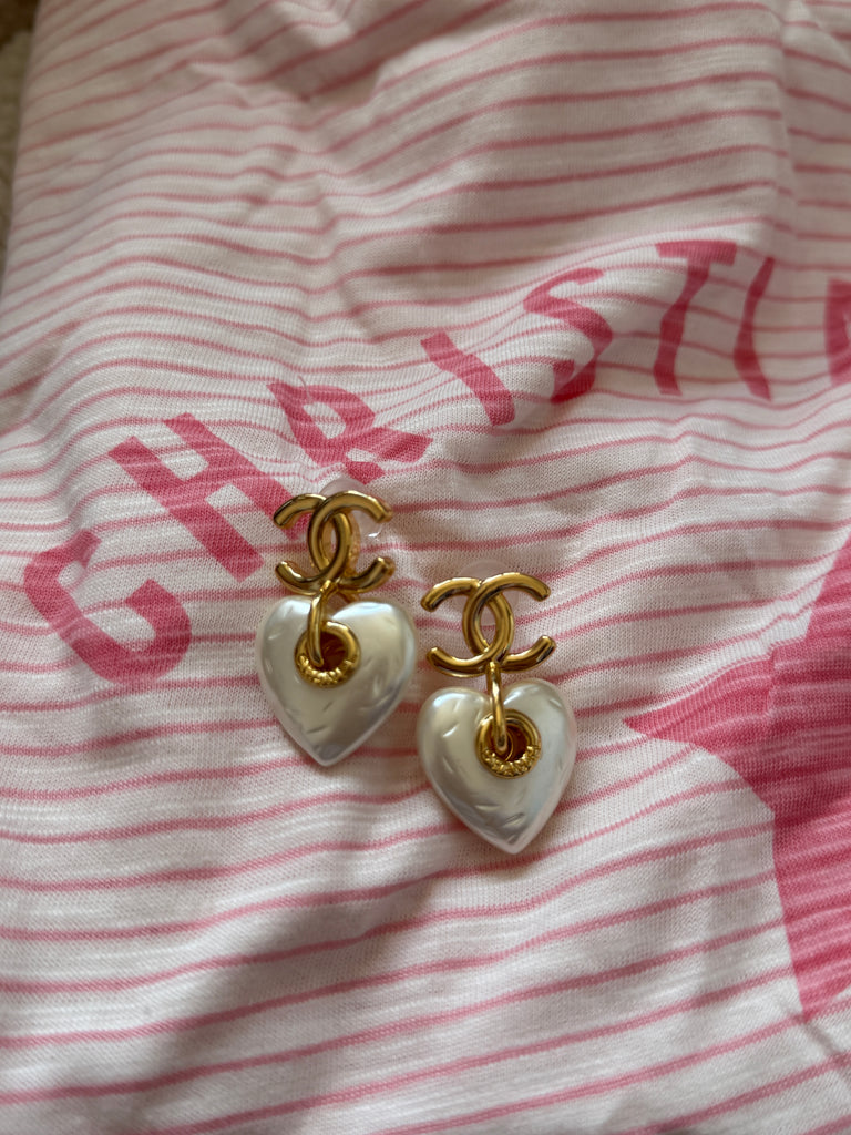 Gold Heart Drop Earrings with Pearl Finish