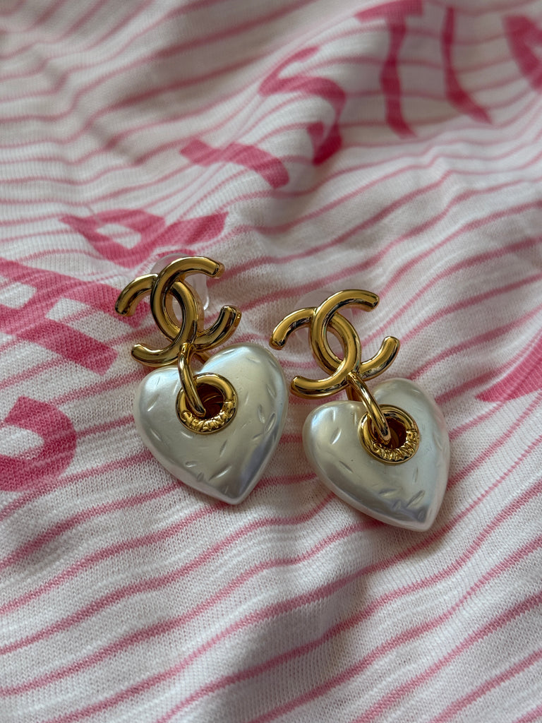 Gold Heart Drop Earrings with Pearl Finish