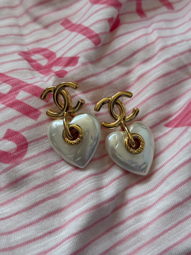 Gold Heart Drop Earrings with Pearl Finish