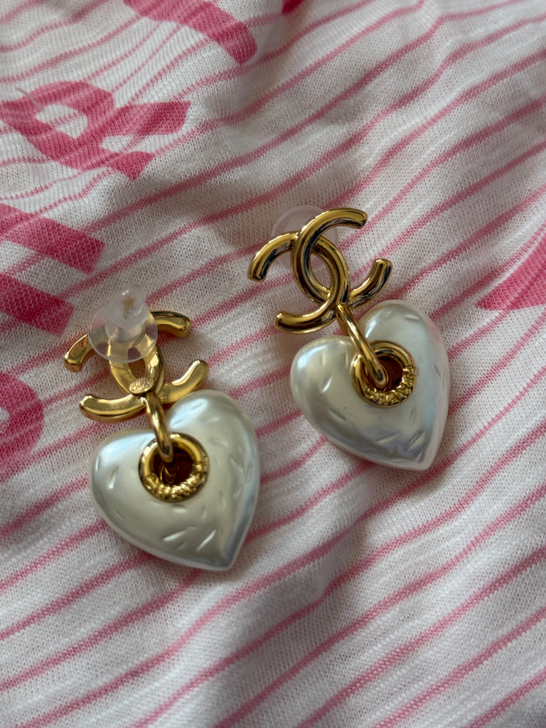 Gold Heart Drop Earrings with Pearl Finish