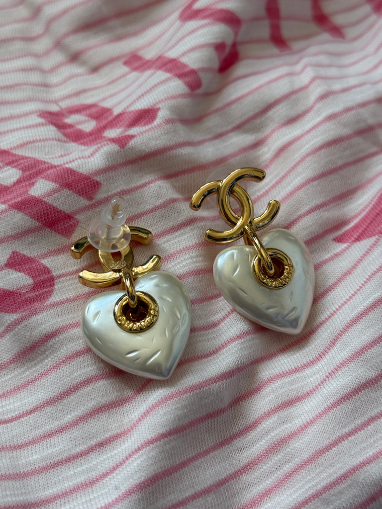 Gold Heart Drop Earrings with Pearl Finish