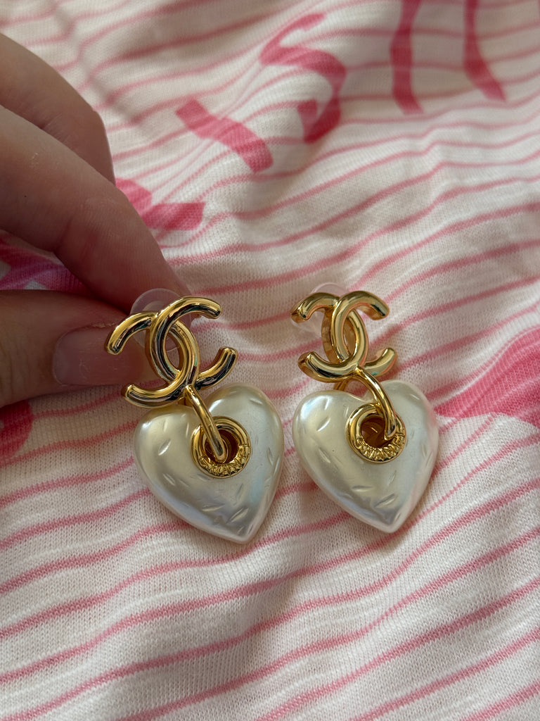 Gold Heart Drop Earrings with Pearl Finish