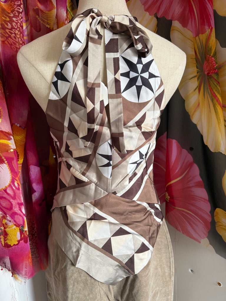 Geometric Silk Scarf Top – Halterneck Brown & Cream