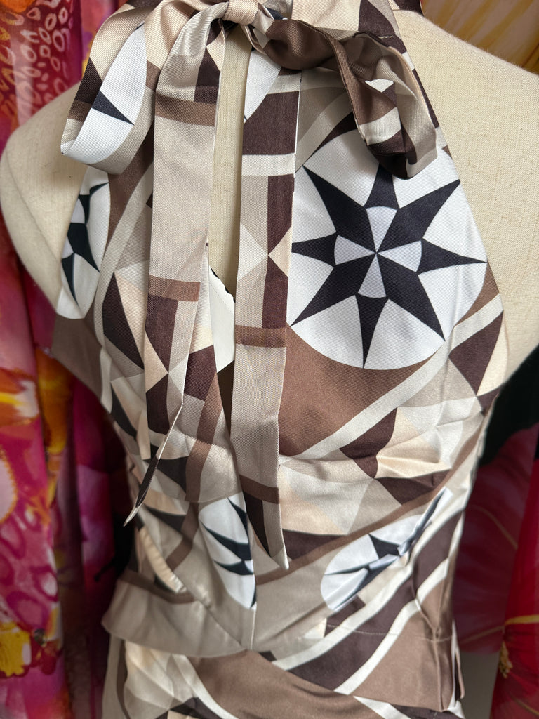 Geometric Silk Scarf Top – Halterneck Brown & Cream