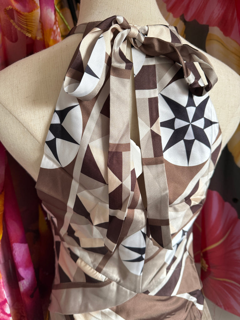 Geometric Silk Scarf Top – Halterneck Brown & Cream