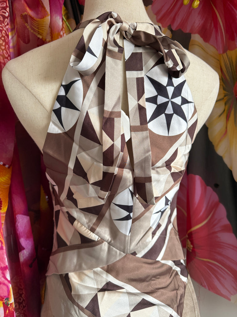 Geometric Silk Scarf Top – Halterneck Brown & Cream