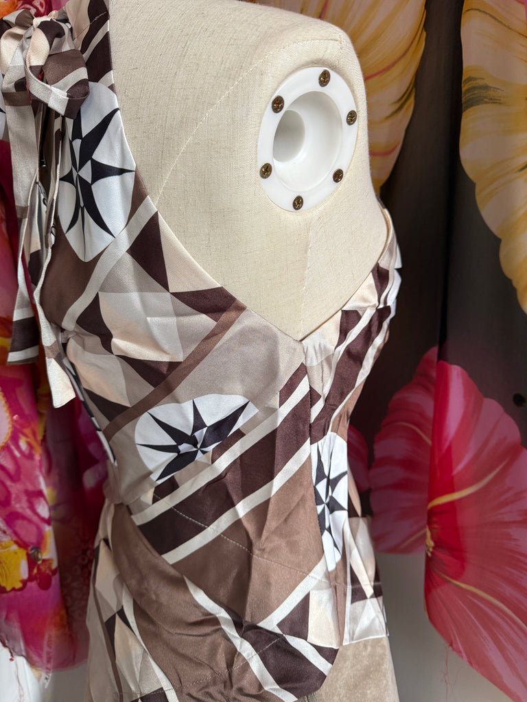Geometric Silk Scarf Top – Halterneck Brown & Cream