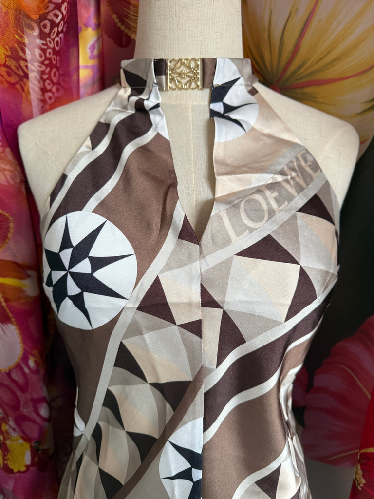 Geometric Silk Scarf Top – Halterneck Brown & Cream