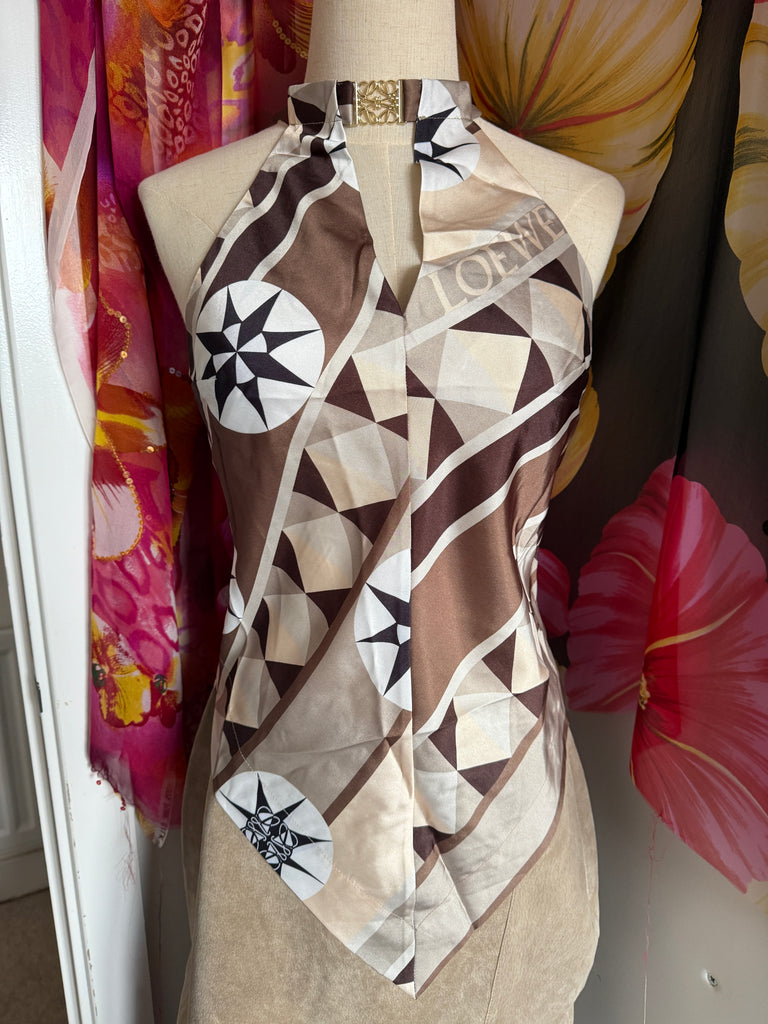 Geometric Silk Scarf Top – Halterneck Brown & Cream