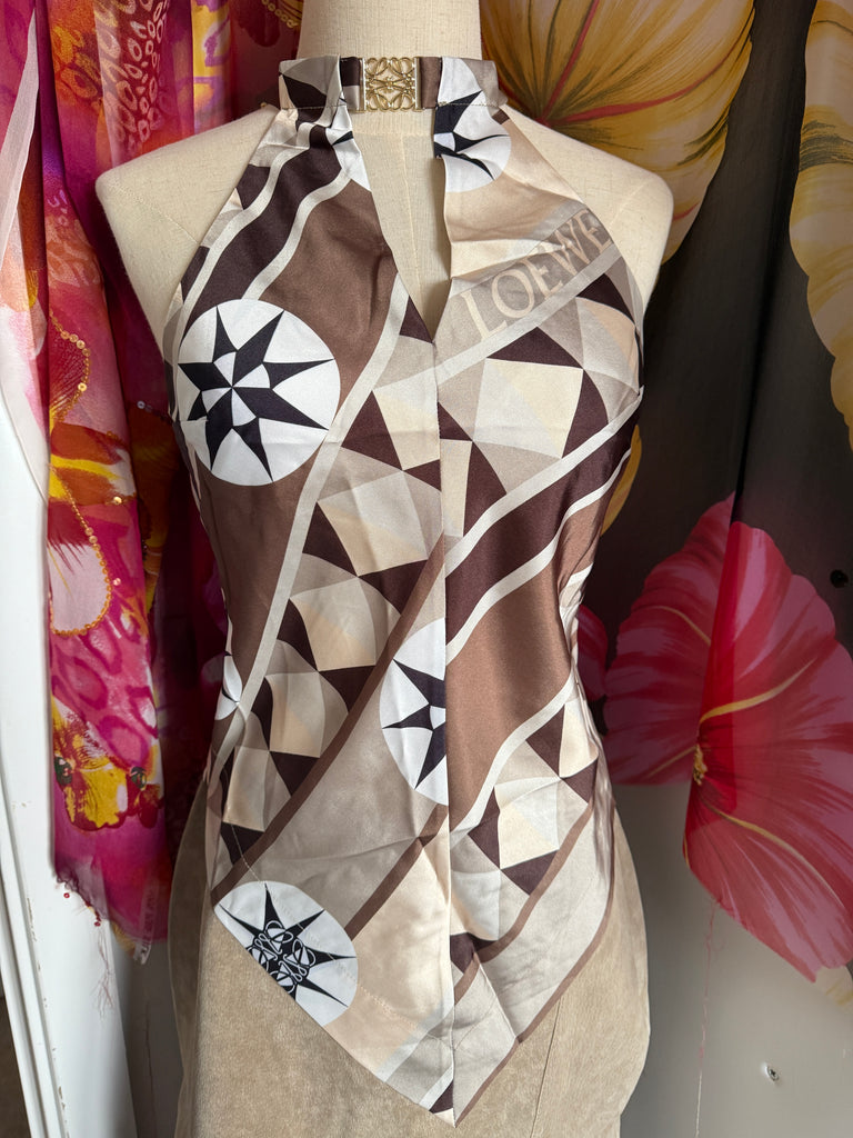 Geometric Silk Scarf Top – Halterneck Brown & Cream