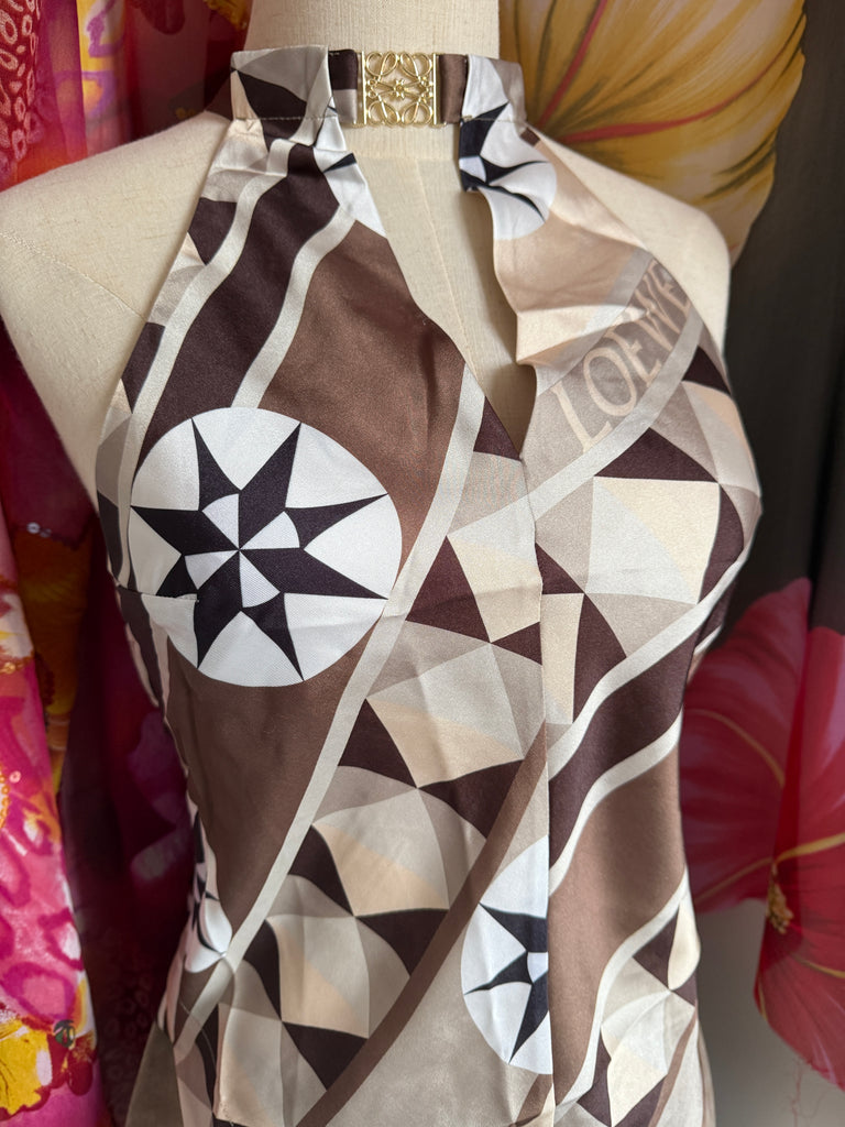 Geometric Silk Scarf Top – Halterneck Brown & Cream