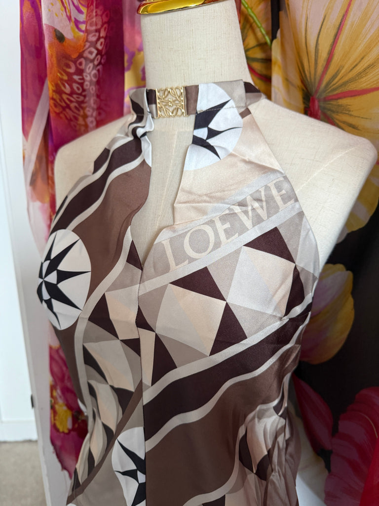 Geometric Silk Scarf Top – Halterneck Brown & Cream