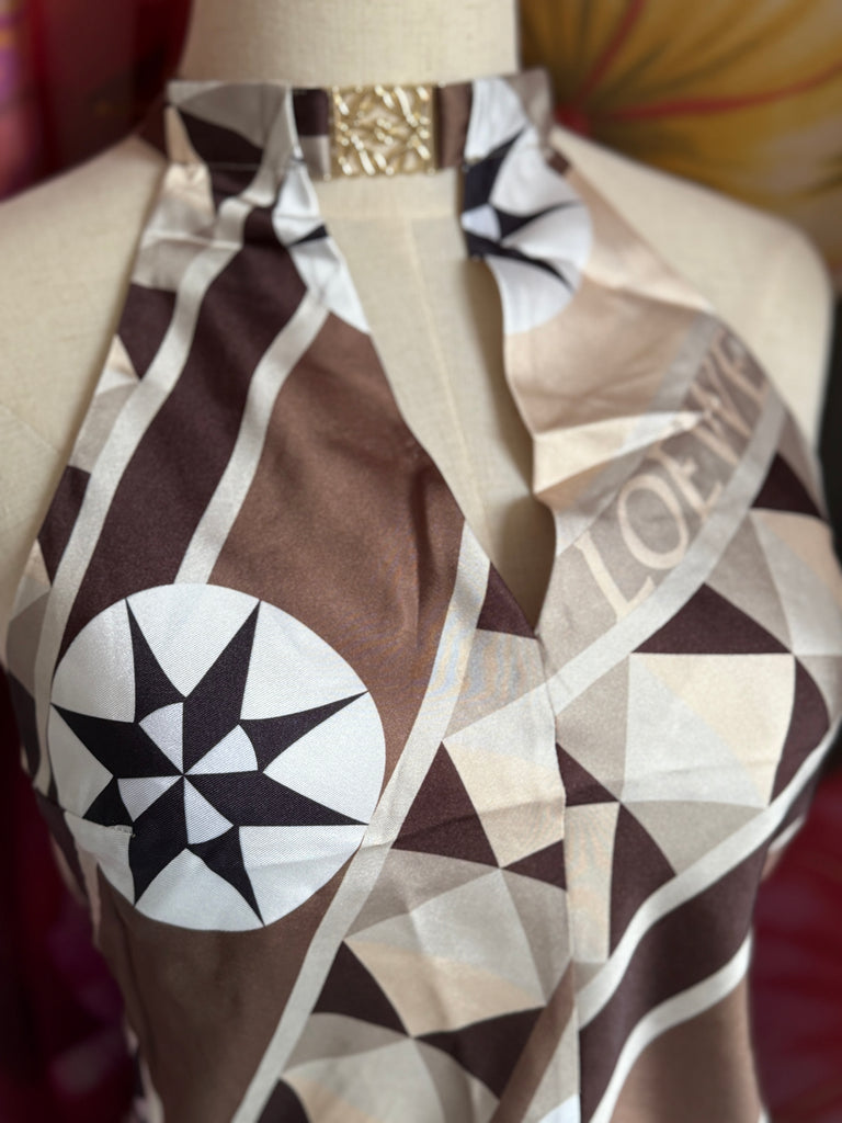 Geometric Silk Scarf Top – Halterneck Brown & Cream