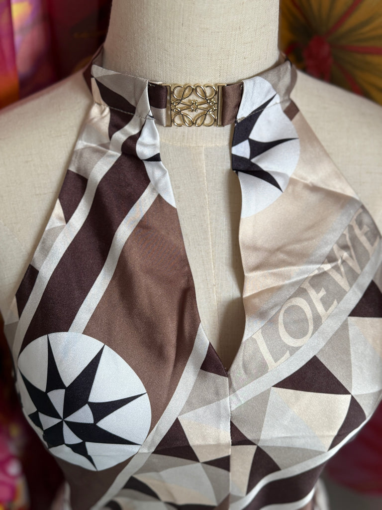 Geometric Silk Scarf Top – Halterneck Brown & Cream
