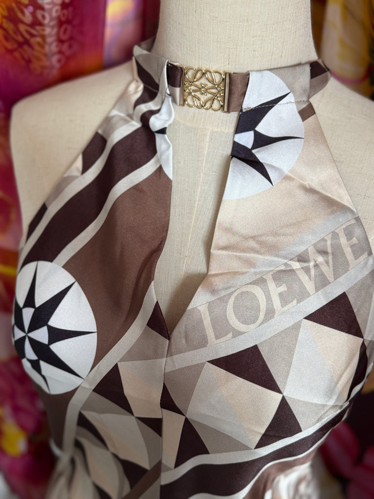 Geometric Silk Scarf Top – Halterneck Brown & Cream