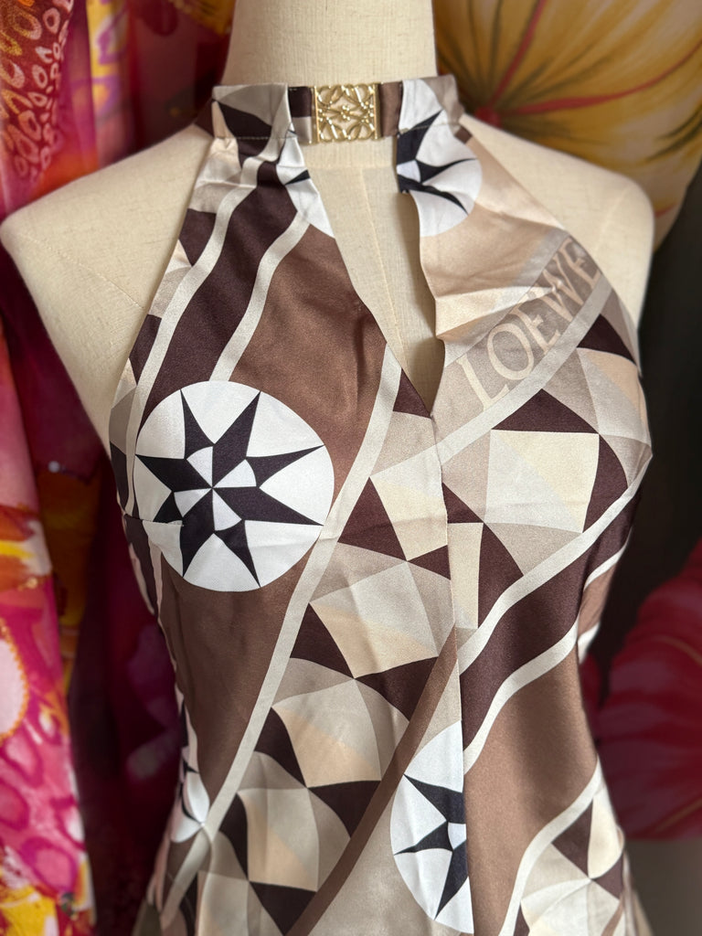 Geometric Silk Scarf Top – Halterneck Brown & Cream