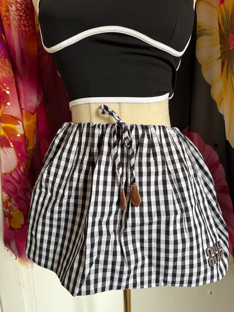 Gingham Drawstring Mini Skirt – Monochrome Check