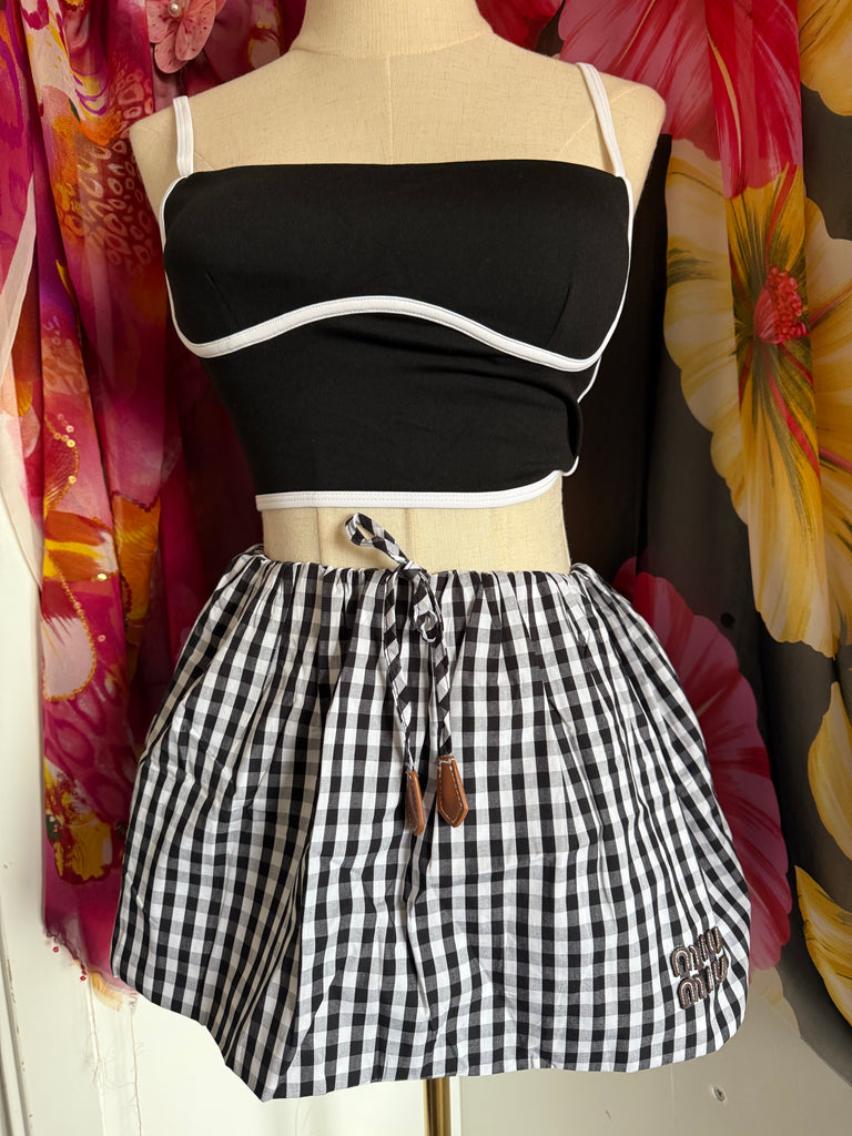 Gingham Drawstring Mini Skirt – Monochrome Check