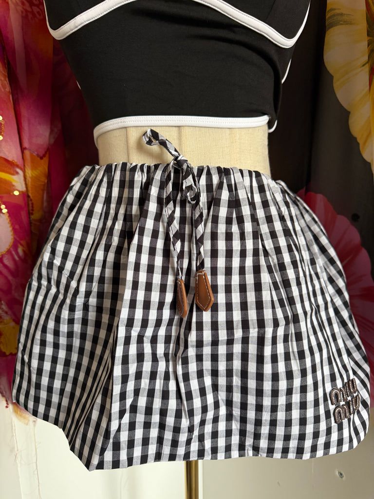 Gingham Drawstring Mini Skirt – Monochrome Check