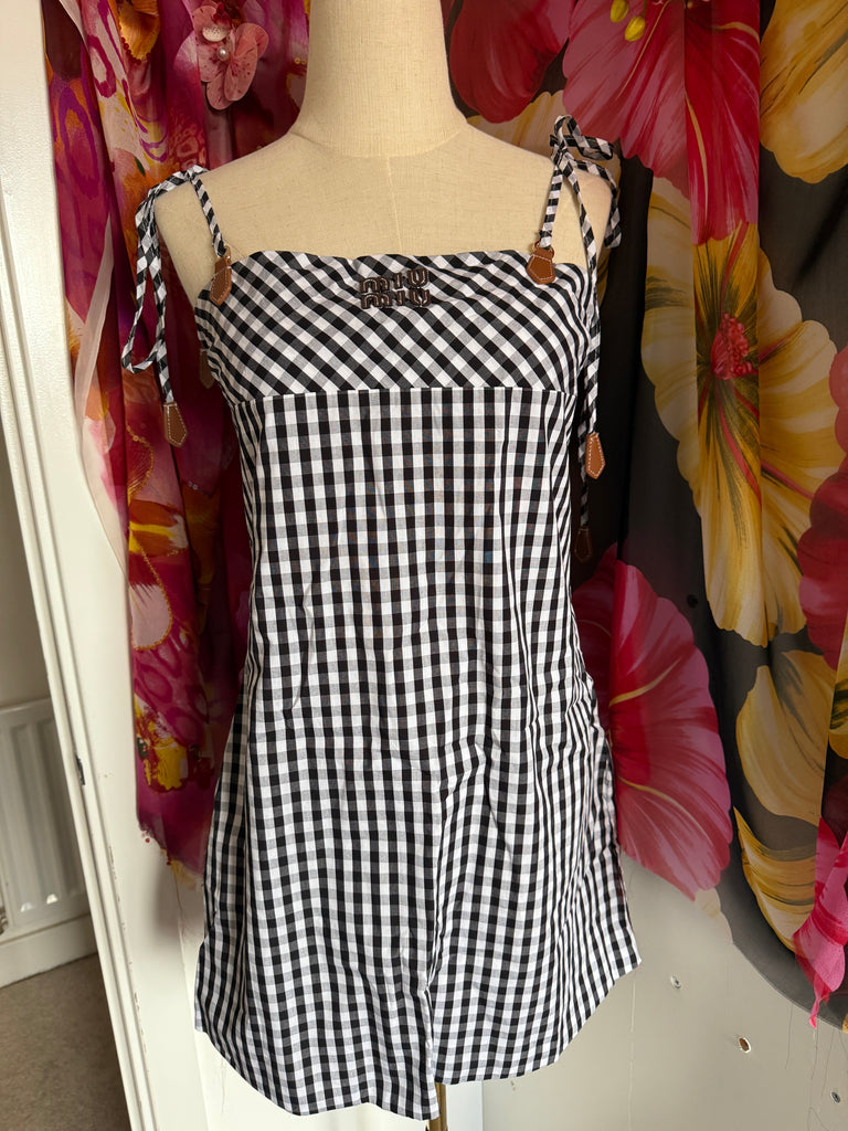 Gingham Tie-Shoulder Mini Dress – Monochrome Check