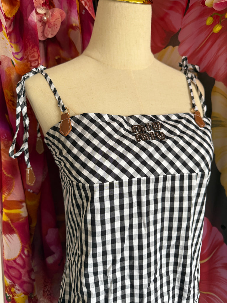 Gingham Tie-Shoulder Mini Dress – Monochrome Check