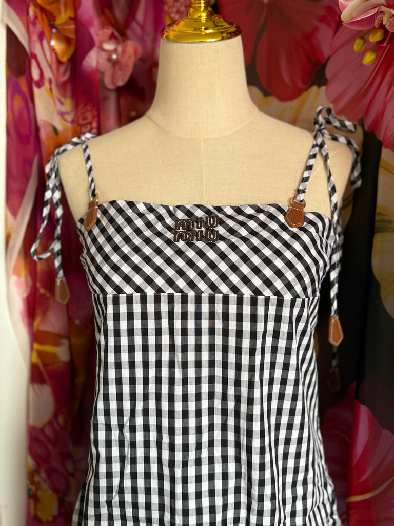 Gingham Tie-Shoulder Mini Dress – Monochrome Check