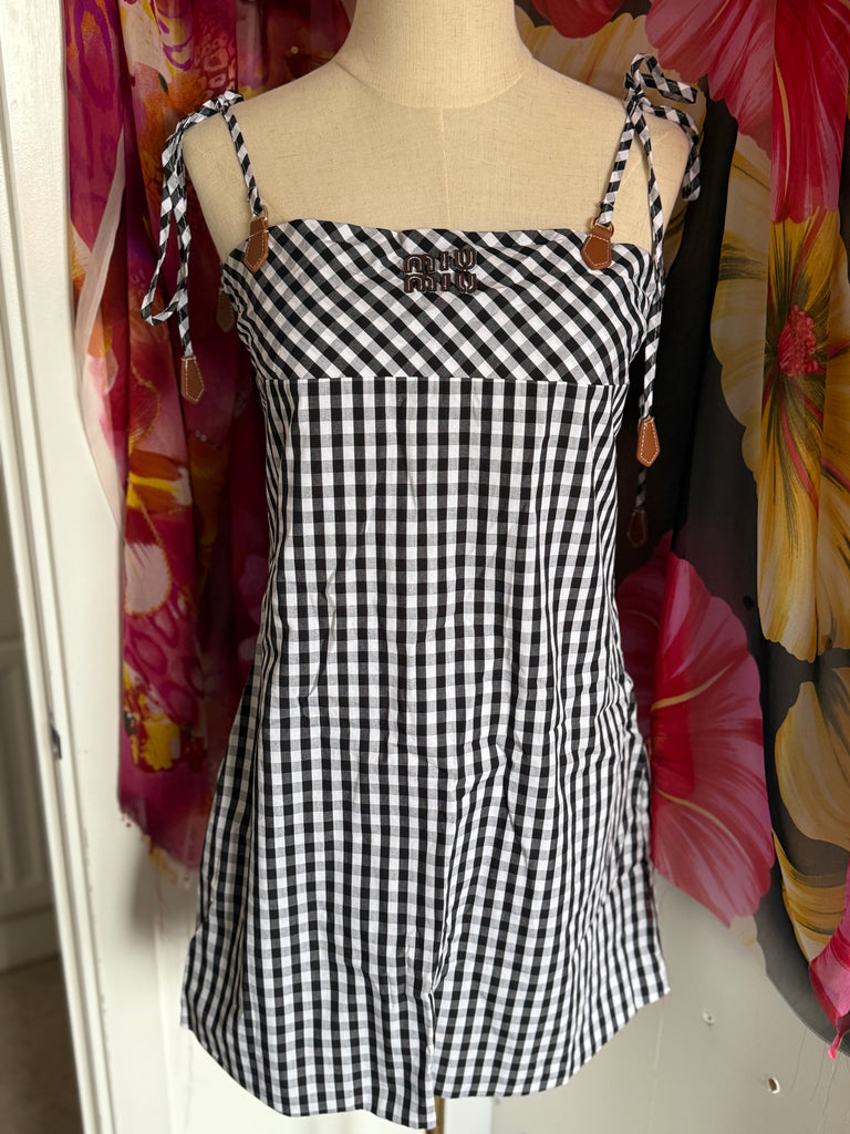 Gingham Tie-Shoulder Mini Dress – Monochrome Check