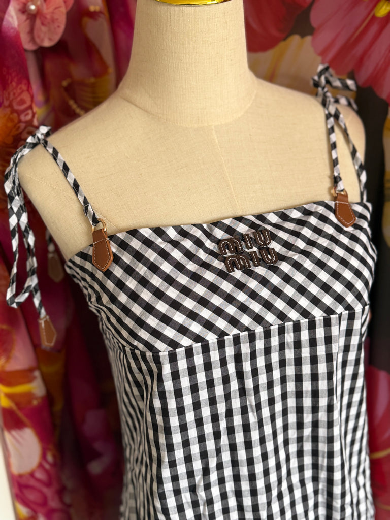 Gingham Tie-Shoulder Mini Dress – Monochrome Check
