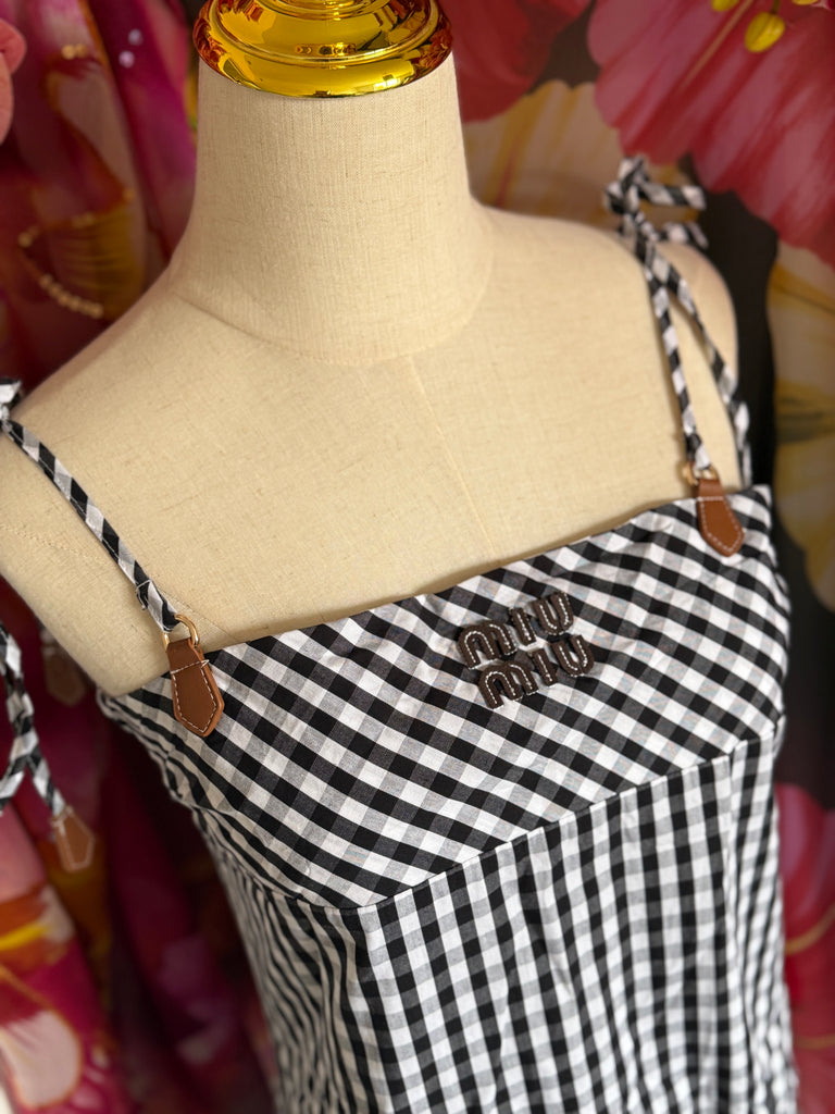 Gingham Tie-Shoulder Mini Dress – Monochrome Check