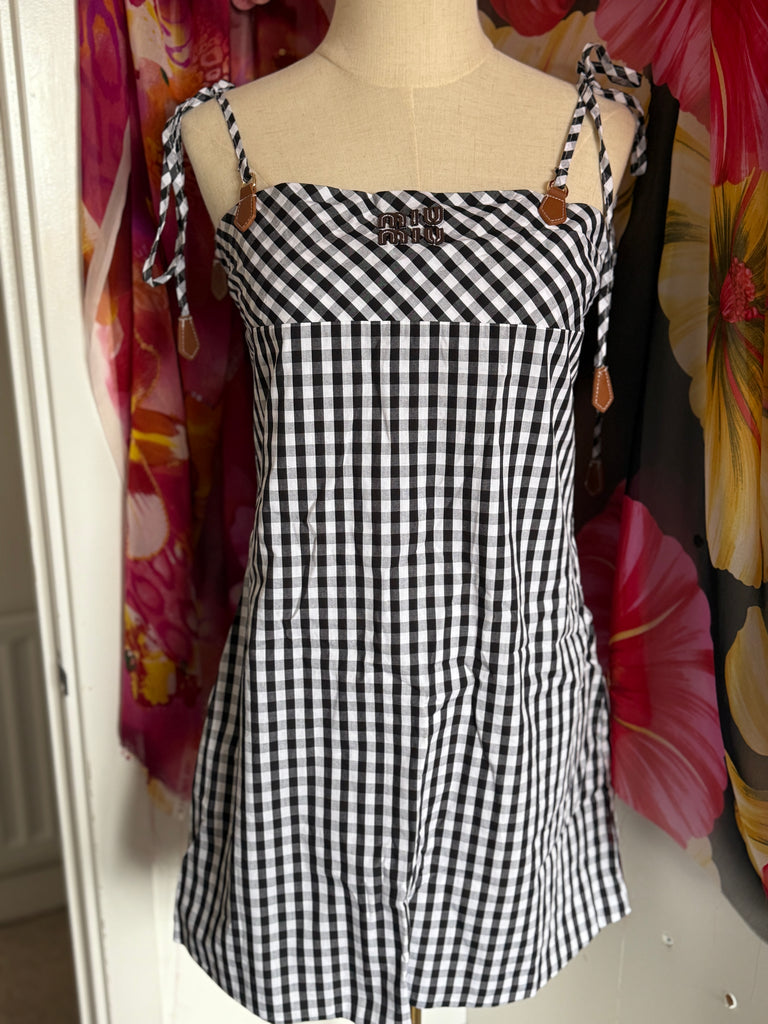 Gingham Tie-Shoulder Mini Dress – Monochrome Check