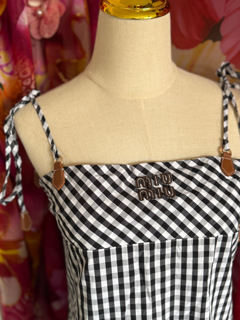 Gingham Tie-Shoulder Mini Dress – Monochrome Check