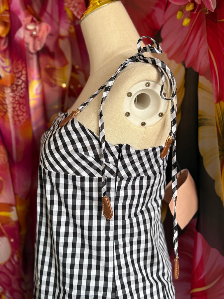 Gingham Tie-Shoulder Mini Dress – Monochrome Check