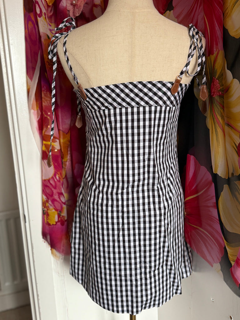 Gingham Tie-Shoulder Mini Dress – Monochrome Check