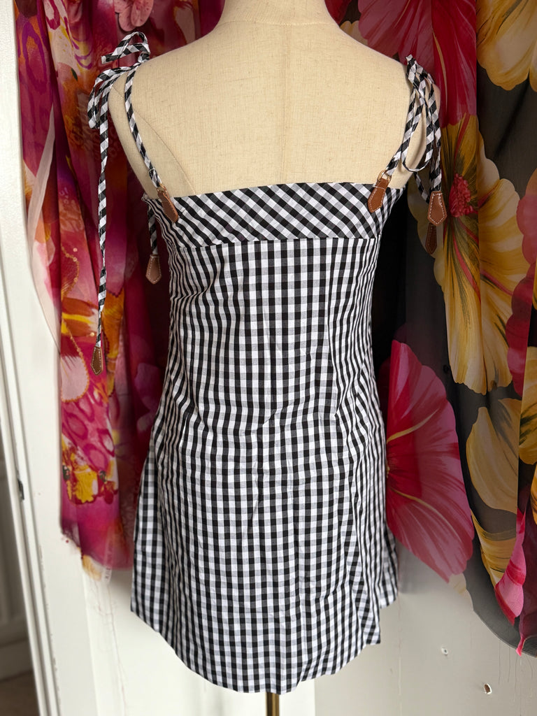 Gingham Tie-Shoulder Mini Dress – Monochrome Check