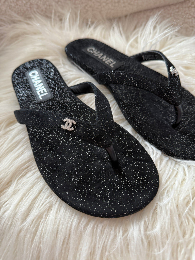 Black Sparkle Thong Sandals with Silver Detailing