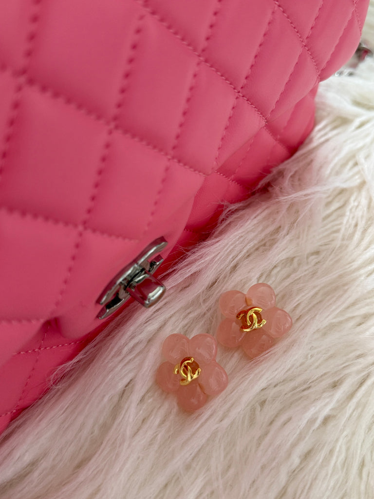 Pink Resin Flower Stud Earrings with Gold Detailing