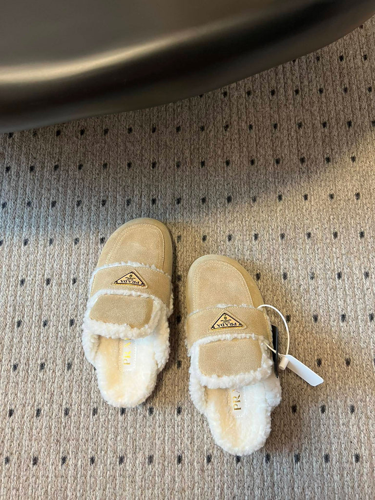 PRE ORDER Beige Suede Shearling Slippers