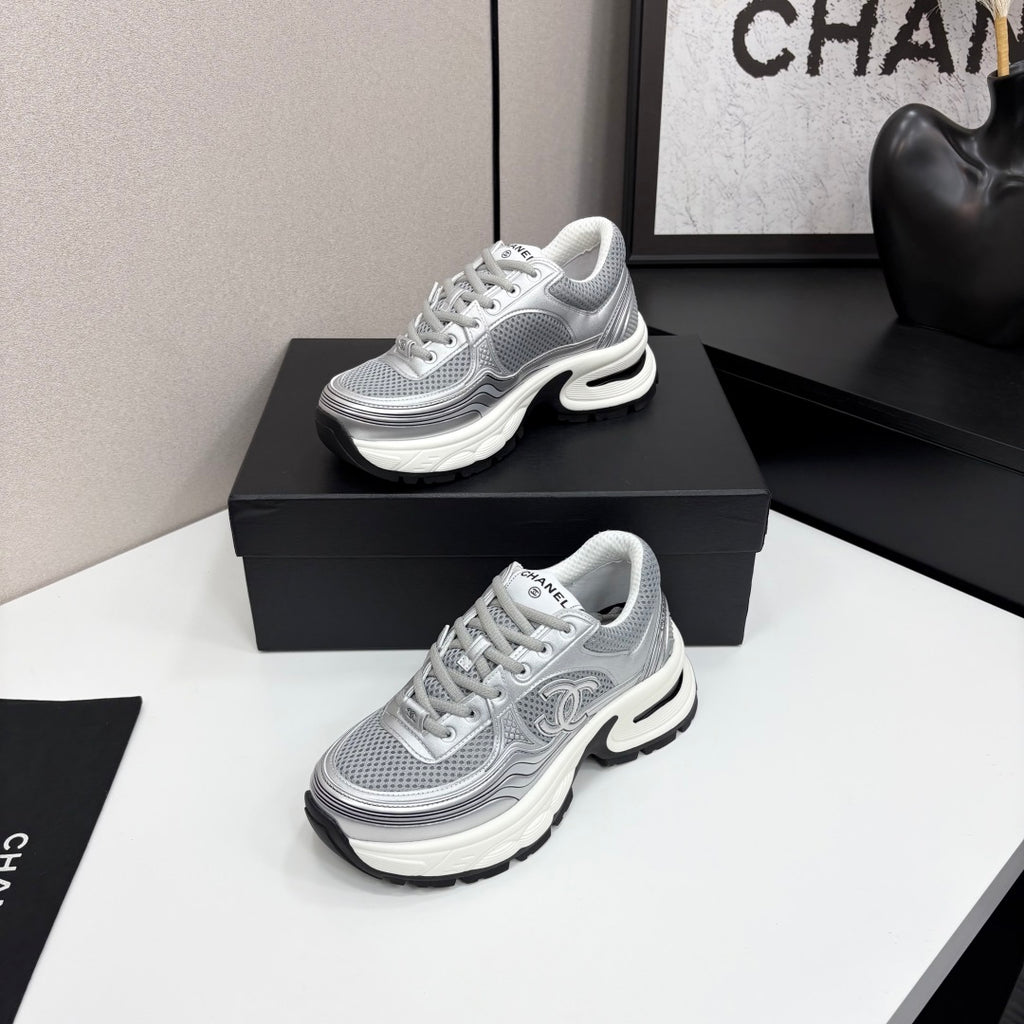 Pre-Order | Metallic Mesh Chunky Trainers – Silver