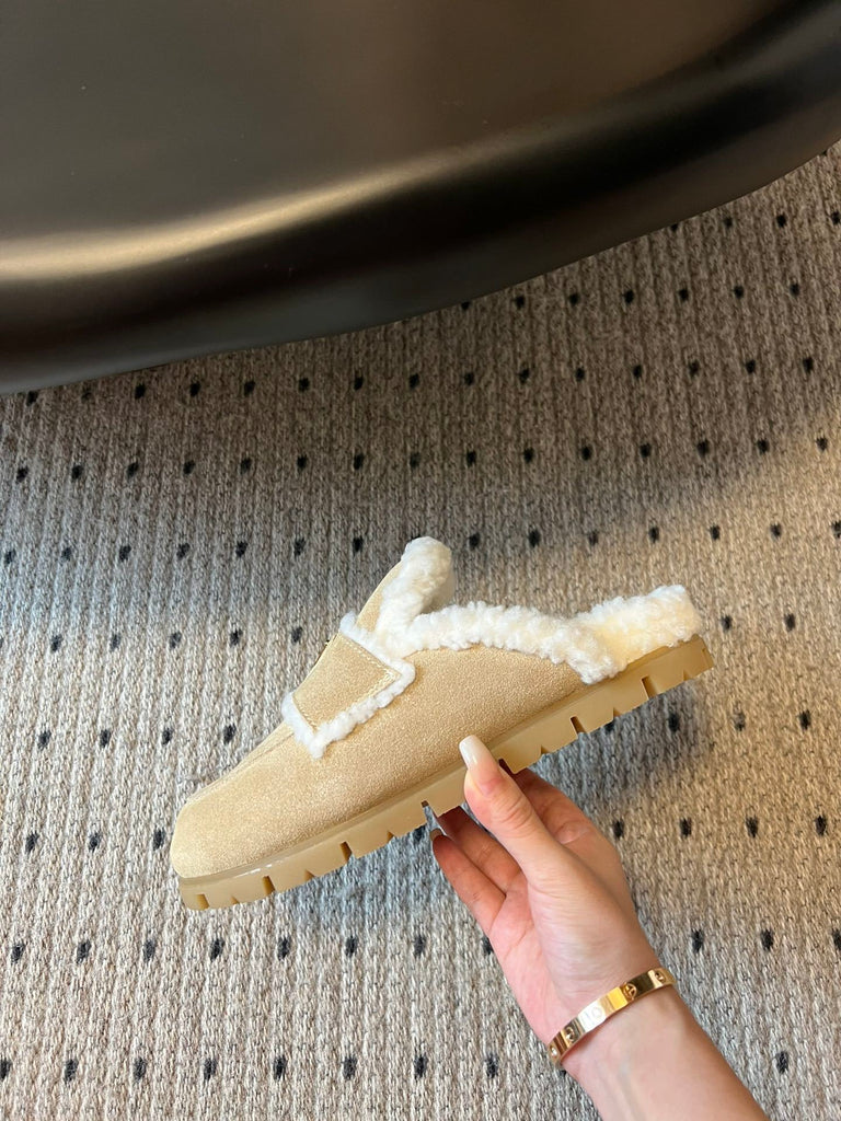 PRE ORDER Beige Suede Shearling Slippers