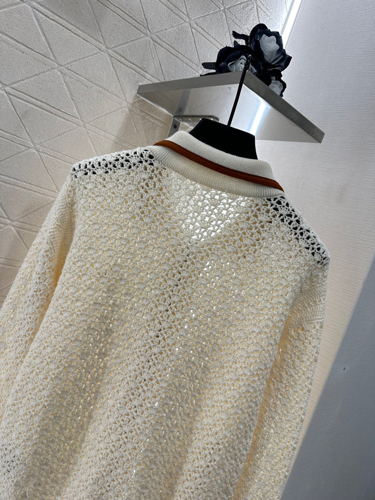 Pre-Order | Crochet Knit Zip Jacket with Contrast Trim – Cream