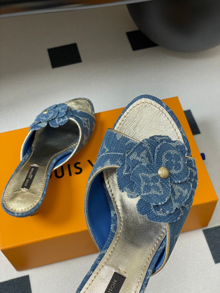 Pre-Order | Denim Floral Kitten Heel Sandals – Blue