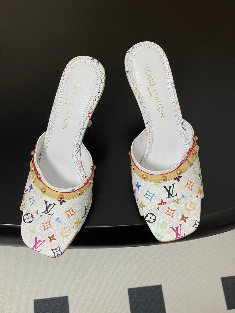 Pre-Order | Multicolour Print Studded Stiletto Sandals – White