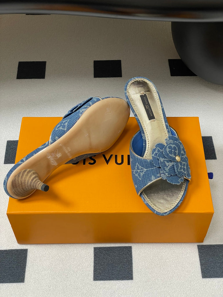 Pre-Order | Denim Floral Kitten Heel Sandals – Blue