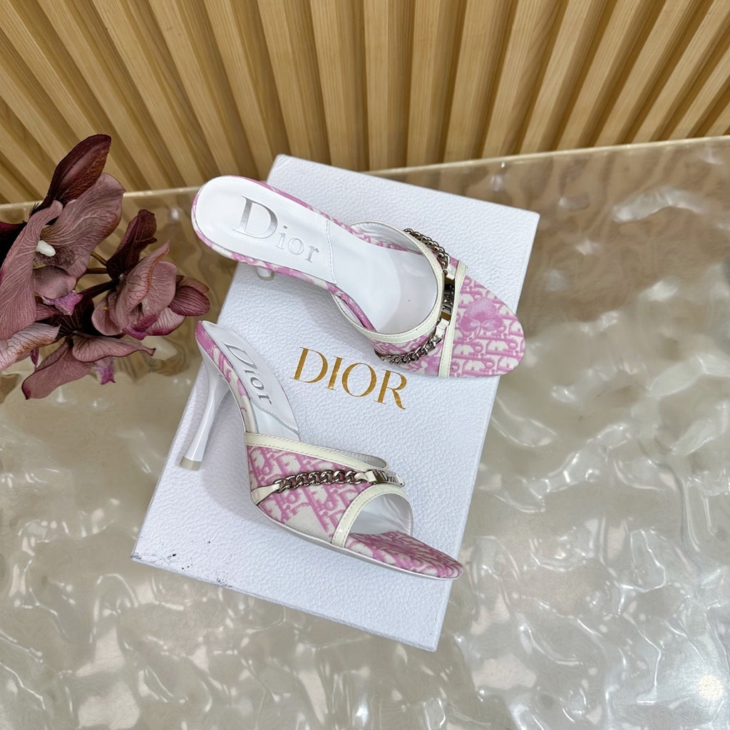 Pre-Order | Pink Patterned Slip-On Heels with Chain Detail