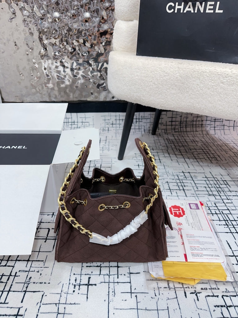 PRE ORDER Brown Quilted Drawstring Tote with Gold Hardware